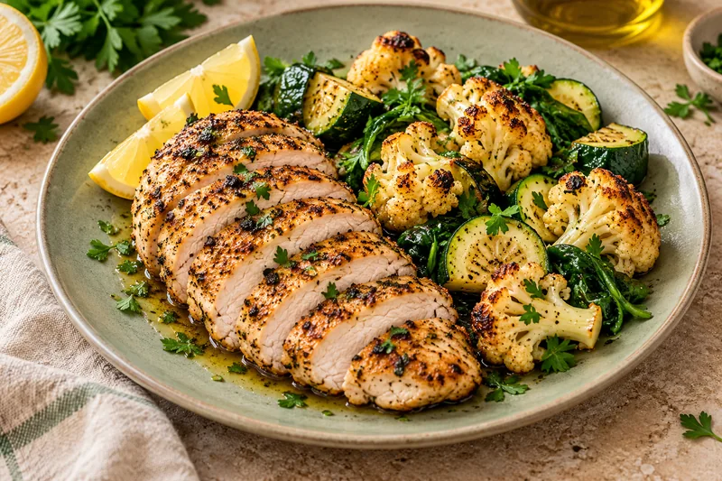 Herb chicken with roasted cauliflower, courgettes and spinach