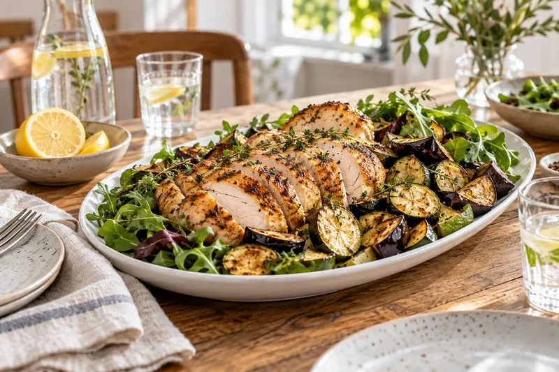 Herb chicken with roasted vegetables and olive oil on the table