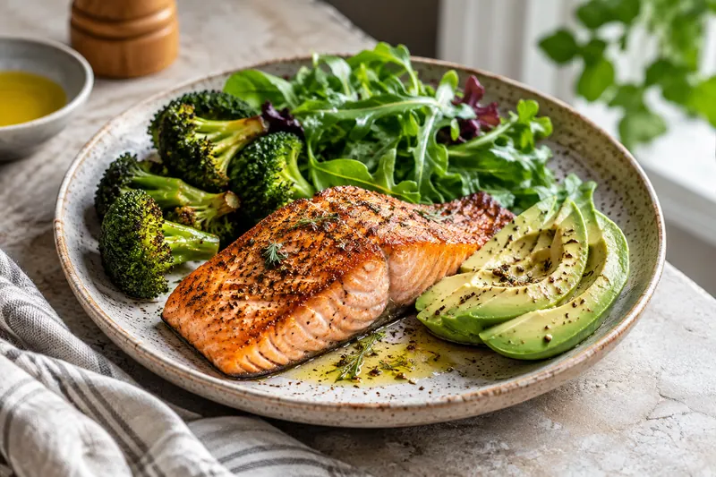 Grilled salmon with avocado and green vegetables