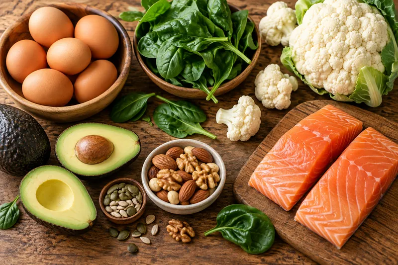 Eggs, salmon, avocado, spinach, cauliflower, nuts and seeds