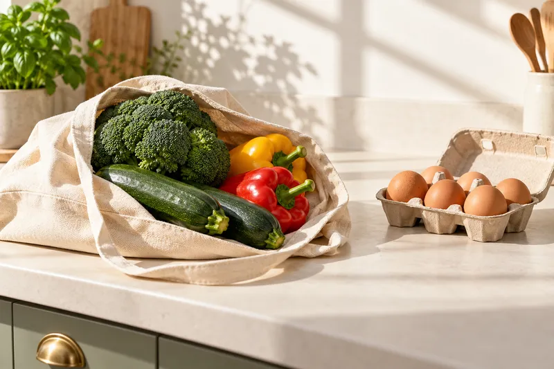 Shopping bag filled with vegetables beside a carton of eggs