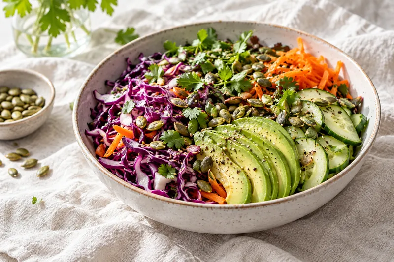 Colourful vegetable salad with avocado, cabbage, cucumber and seeds