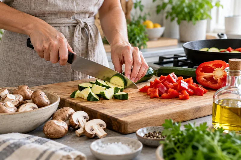 Preparing courgettes, peppers and mushrooms in a home kitchen