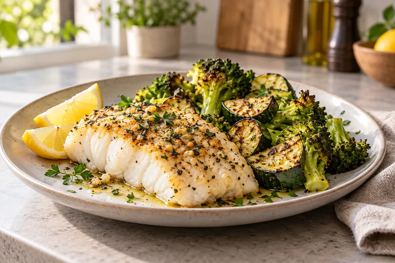 White fish with broccoli, courgettes and lemon