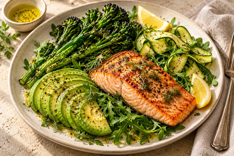 Salmon with avocado, broccoli, courgette ribbons and lemon